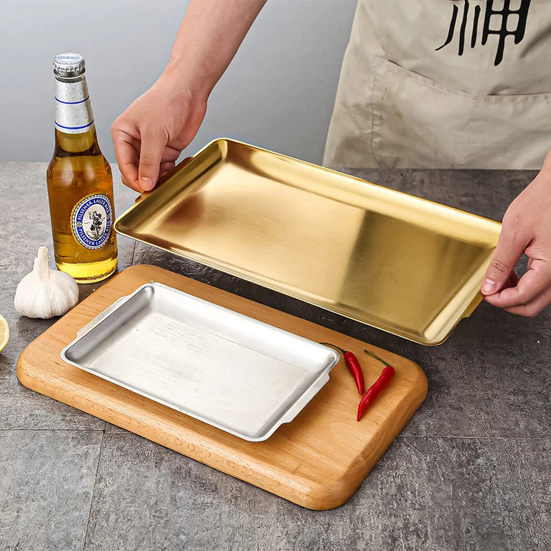 304 Stainless Steel Plate Rectangular Plate Golden Tray Craft Decoration  Steak Barbecue Snack Tray Kitchen Accessories