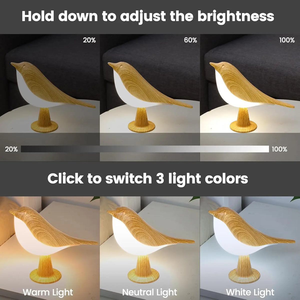 Luxury LED Bird Table Lamp – Rechargeable Touch-Control Dimmable Light