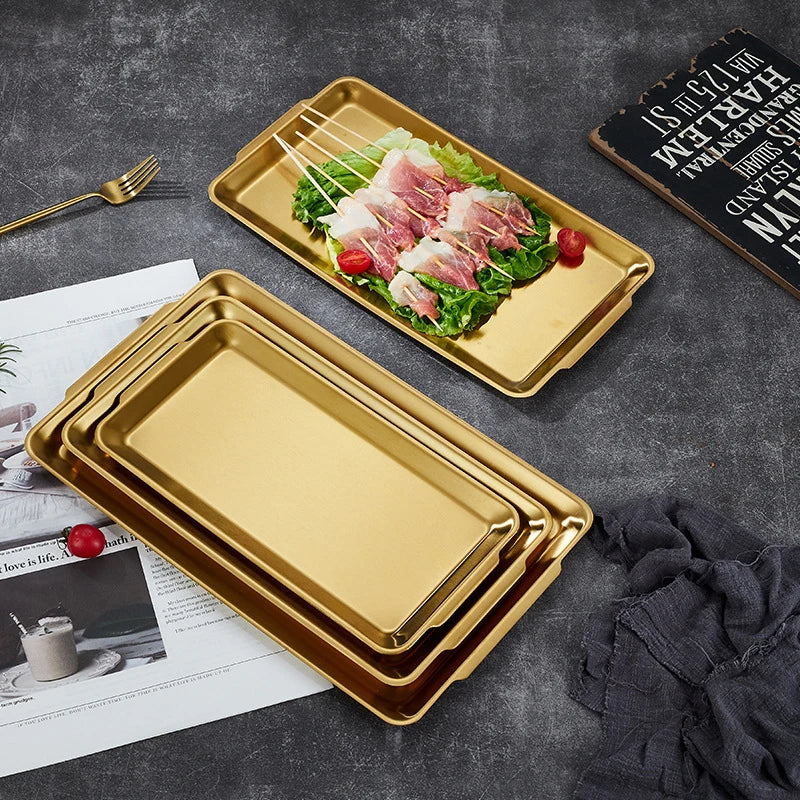 304 Stainless Steel Plate Rectangular Plate Golden Tray Craft Decoration  Steak Barbecue Snack Tray Kitchen Accessories