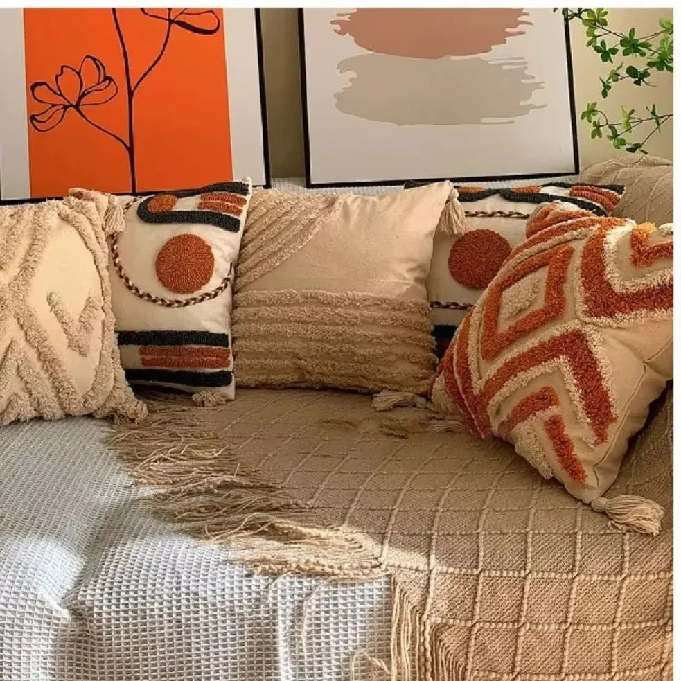 Luxury Bohemian Geometric Embroidered Cushion Cover with Tassels