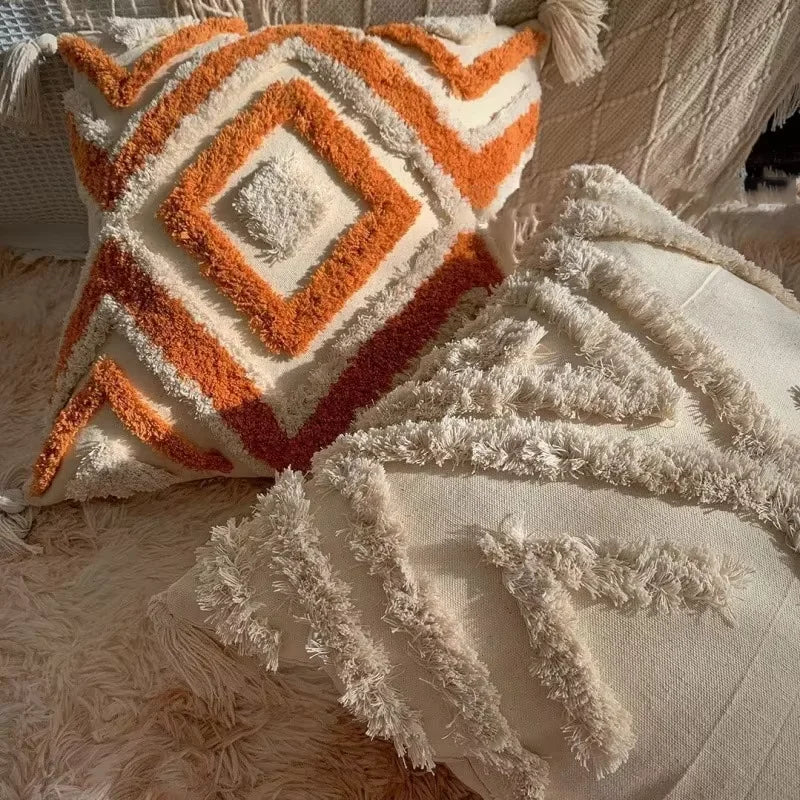 Luxury Bohemian Geometric Embroidered Cushion Cover with Tassels