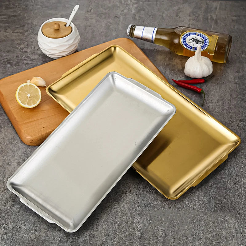 304 Stainless Steel Plate Rectangular Plate Golden Tray Craft Decoration  Steak Barbecue Snack Tray Kitchen Accessories