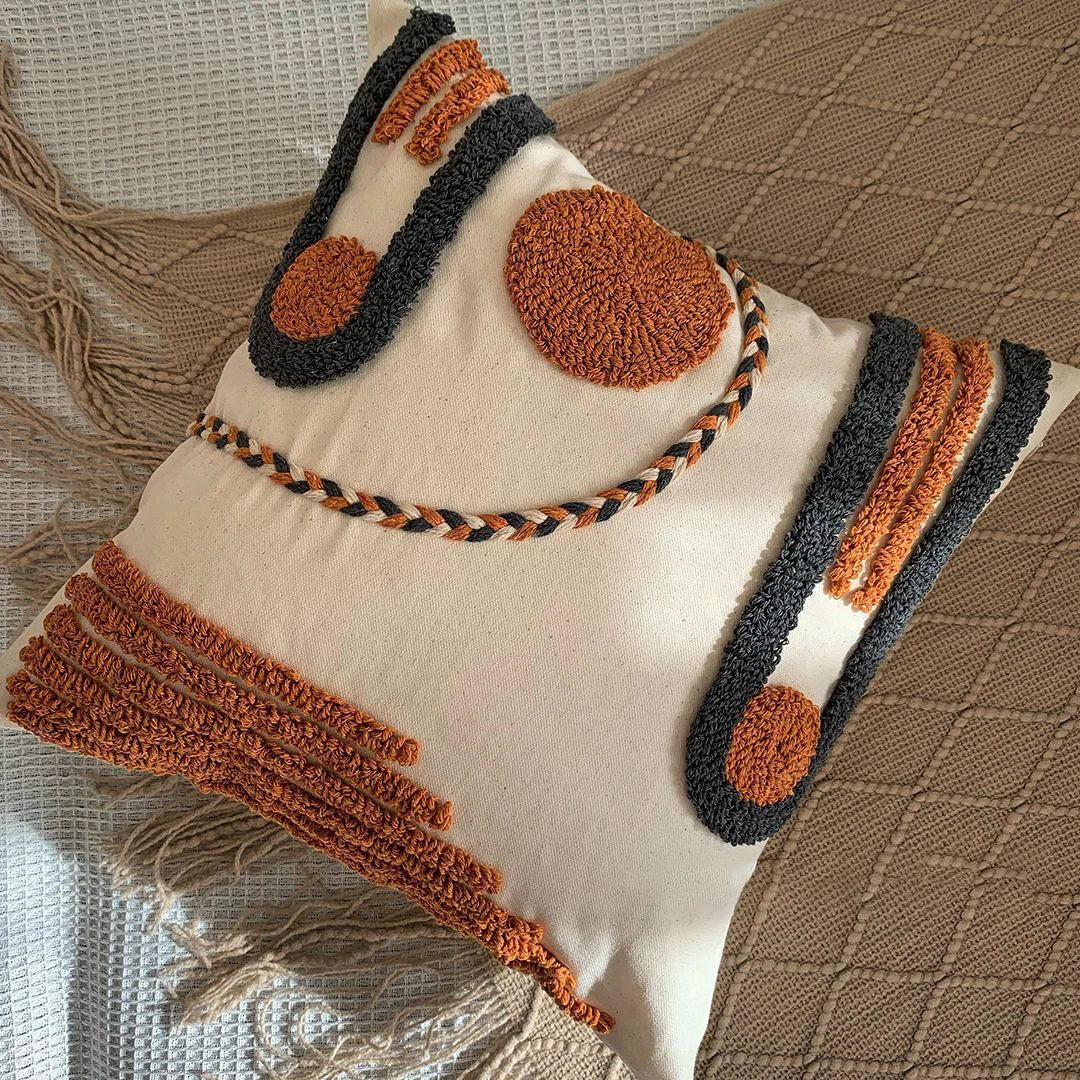 Luxury Bohemian Geometric Embroidered Cushion Cover with Tassels