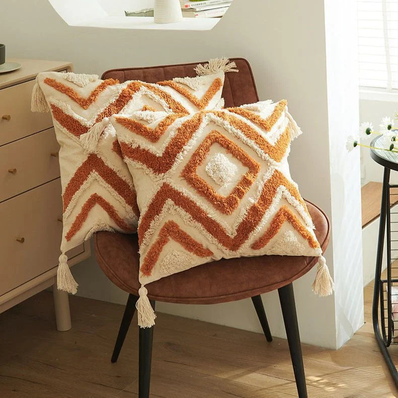Luxury Bohemian Geometric Embroidered Cushion Cover with Tassels