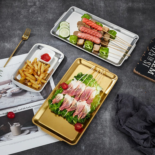 304 Stainless Steel Plate Rectangular Plate Golden Tray Craft Decoration  Steak Barbecue Snack Tray Kitchen Accessories