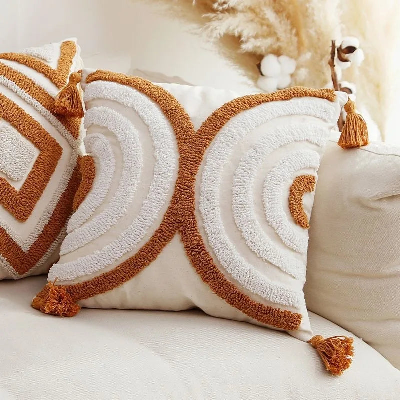 Luxury Bohemian Geometric Embroidered Cushion Cover with Tassels