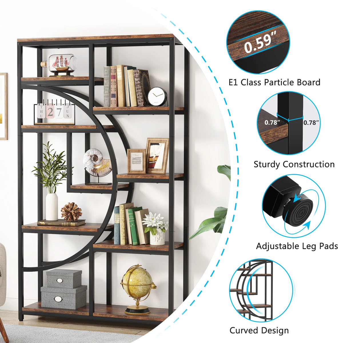 ndustrial 5-Tier Freestanding Bookshelf & Display Unit