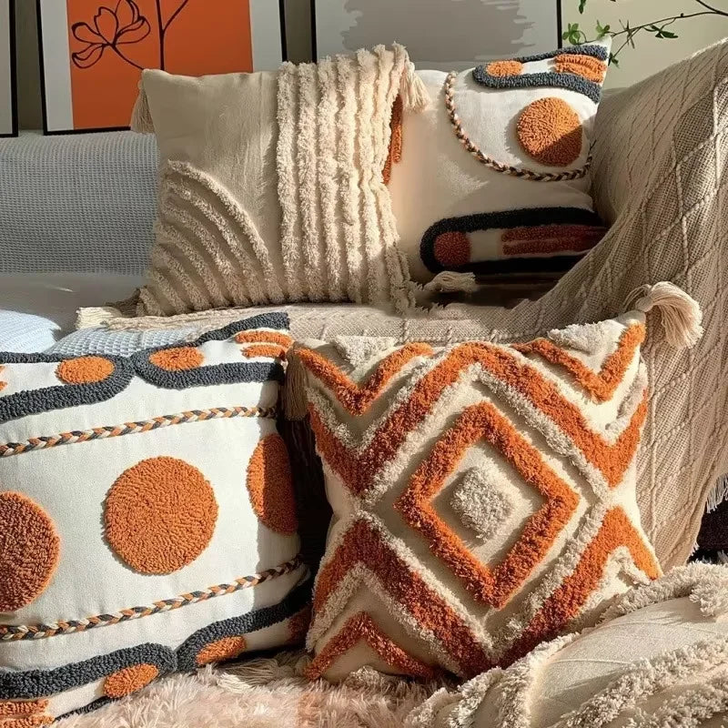 Luxury Bohemian Geometric Embroidered Cushion Cover with Tassels