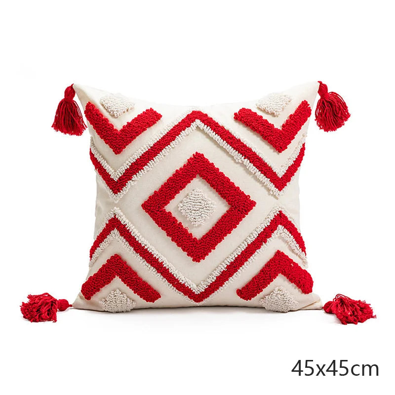 Luxury Bohemian Geometric Embroidered Cushion Cover with Tassels